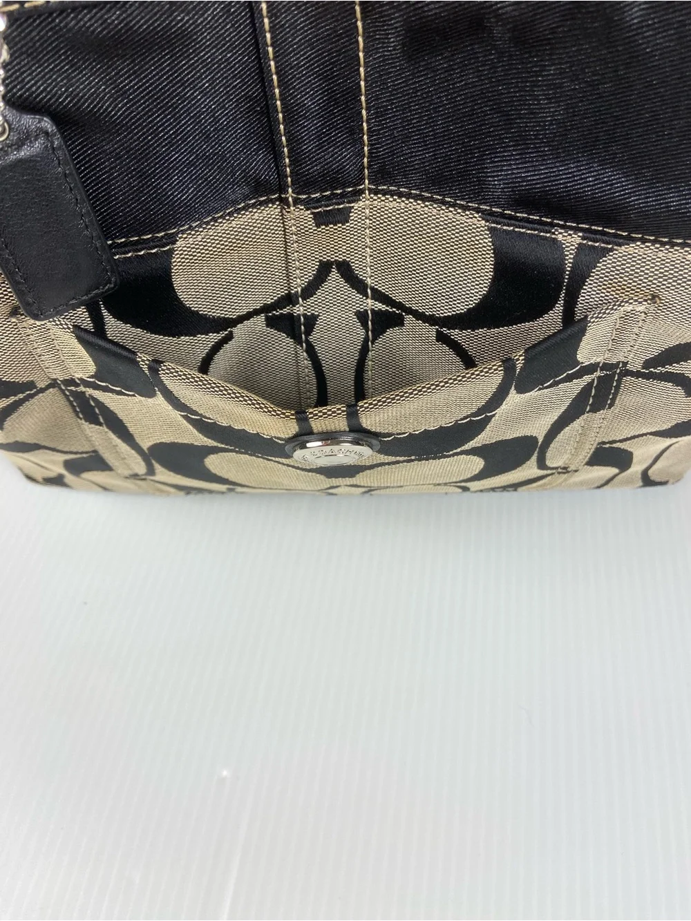 Coach 13705 Signature Gallery Tote Khaki Black Tattersall Plaid Shoulder Bag